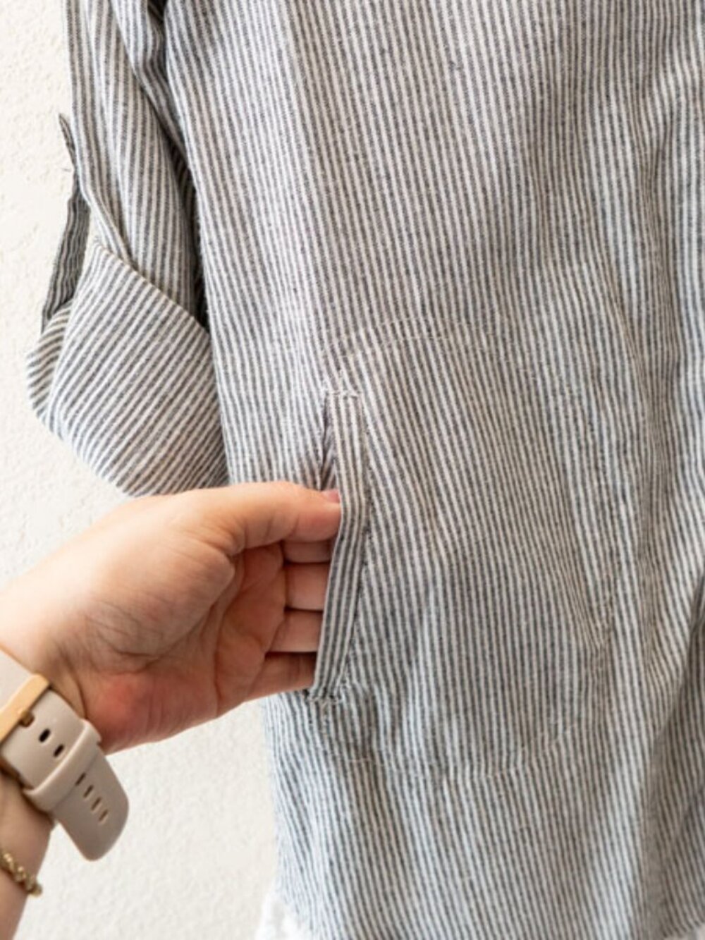 Umgee Stripe Tunic Womens M Button Up Lace Hem Roll Tab Sleeve Pockets High Low - Picture 7 of 13